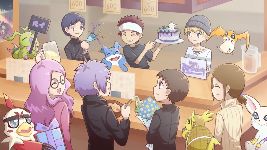 2girls 5boys armadillo armadimon bird bug cat digimon digimon_(creature) digimon_adventure_02 digimon_adventure_02:_the_beginning glasses hawkmon hida_iori highres ichijouji_ken inoue_miyako motomiya_daisuke multiple_boys multiple_girls owada_rui patamon tailmon takaishi_takeru v-mon wings wormmon yagami_hikari
