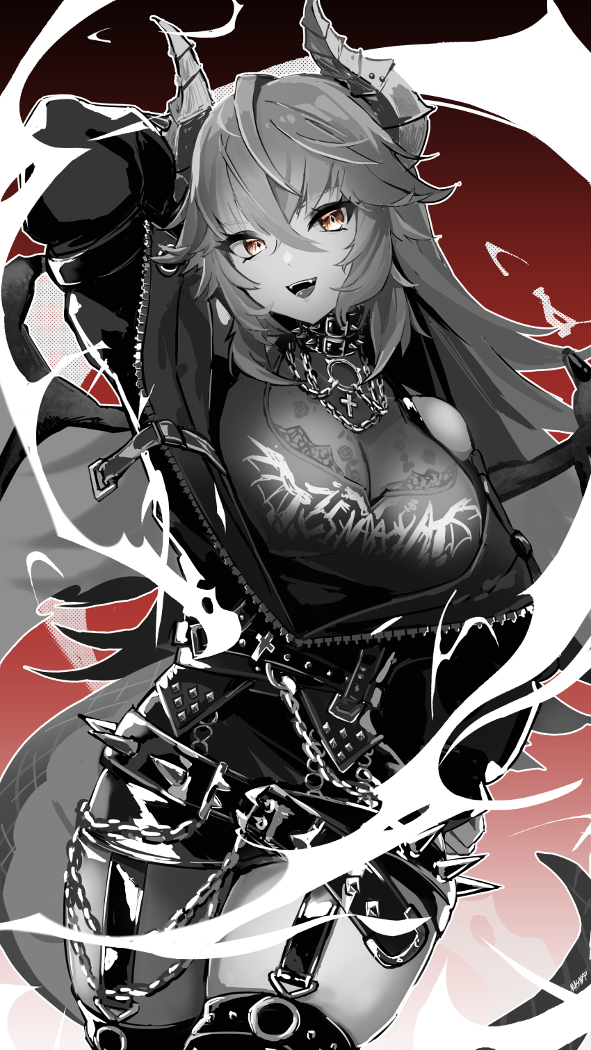 absurdres arm_up belt black_belt black_collar black_jacket black_shirt black_skirt black_thighhighs breasts cleavage collar dragon_girl dragon_horns dragon_tail dragon_wings grey_hair greyscale highres horns jacket large_breasts long_hair looking_at_viewer masada_mode monochrome open_mouth shirt skirt smile solo spiked_belt spiked_collar spikes tail thighhighs virtual_youtuber vshojo wings yellow_eyes zentreya zentreya_(dragon) zentreya_(dragon)_(metalheads) zentreya_(dragon)_(metalheads)