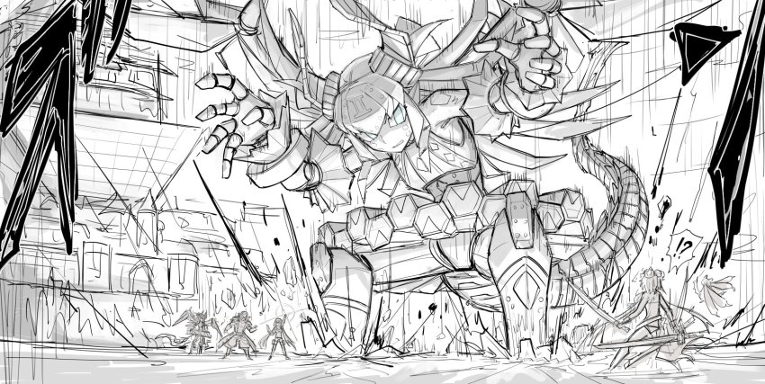 !? arm_up castle dual_wielding edward_teach_(fate) elizabeth_bathory_(fate) fate/grand_order fate_(series) glowing glowing_eyes highres holding horns kankan33333 katana katsushika_hokusai_(fate) katsushika_hokusai_(swimsuit_saber)_(fate) landing mecha mecha_eli-chan_mk.ii_(fate) monochrome osakabehime_(fate) osakabehime_(swimsuit_archer)_(fate) osakabehime_(swimsuit_archer)_(second_ascension)_(fate) robot sketch spot_color sword tail tokitarou_(fate) weapon