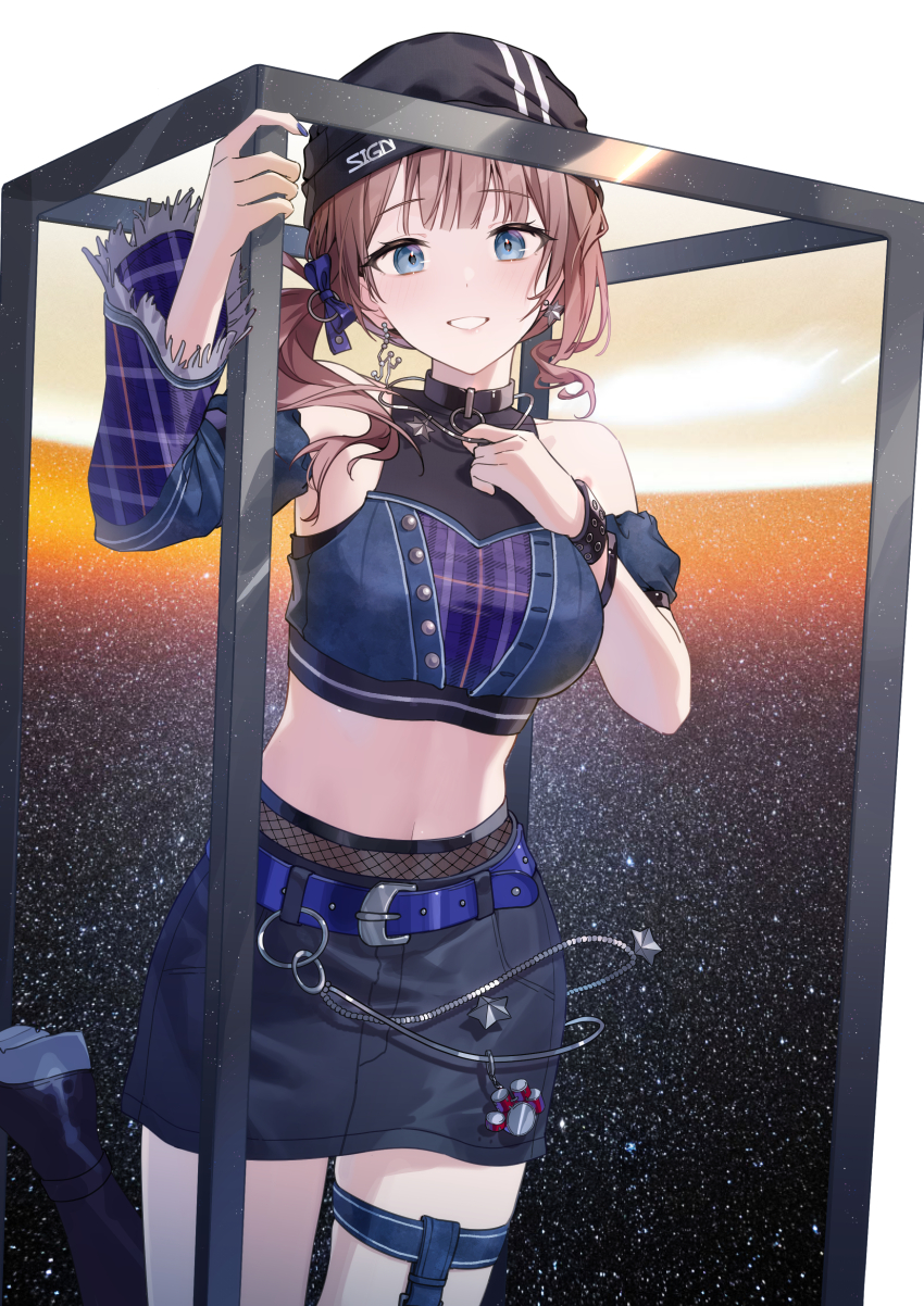 1girl absurdres bare_shoulders black_hat blue_eyes breasts brown_hair cowboy_shot crop_top grin hat highres medium_breasts medium_hair midriff mochizuki_honami navel project_sekai smile sunset teeth timmoo