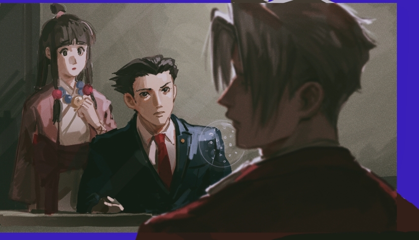1girl 2boys ace_attorney black_hair formal_clothes long_hair maya_fey miles_edgeworth mimulishizi multiple_boys necktie phoenix_wright spiked_hair suit