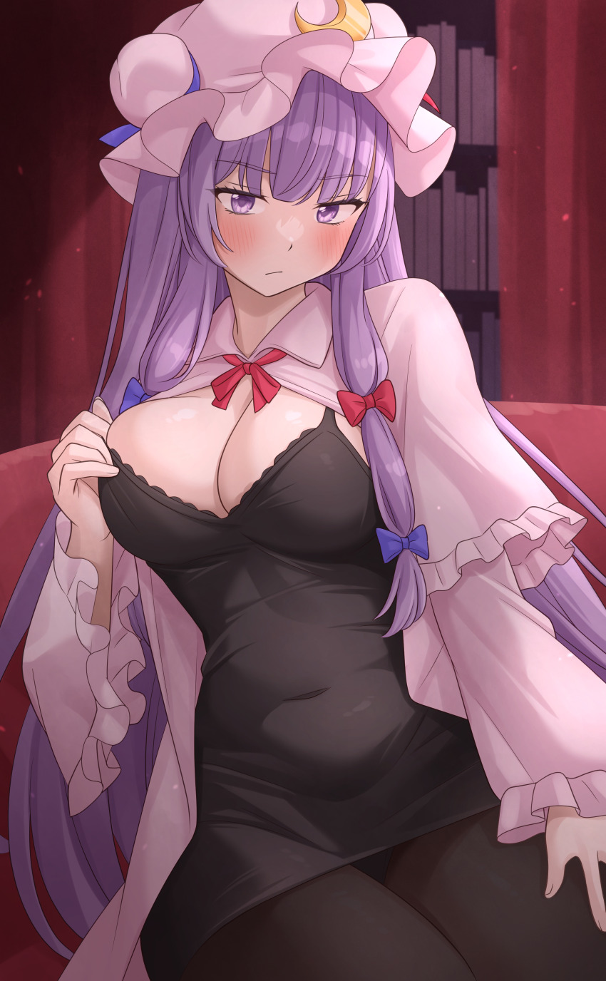 1girl :/ absurdres black_camisole black_pantyhose blush bookshelf bow breasts camisole cleavage closed_mouth commentary_request cowboy_shot crescent crescent_hat_ornament hair_bow hat hat_ornament highres indoors large_breasts light_frown long_hair long_sleeves looking_at_viewer mob_cap open_clothes paid_reward_available pantyhose patchouli_knowledge purple_eyes purple_hair ramie_(ramie541) revision solo touhou v-shaped_eyebrows very_long_hair
