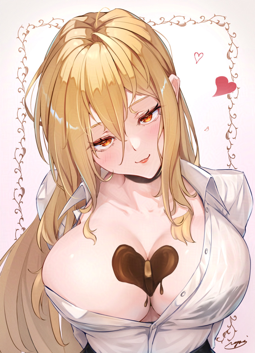 1girl arms_behind_back azur_lane between_breasts blonde_hair blush breasts candy chocolate chocolate_heart chocolate_on_body chocolate_on_breasts closed_mouth collarbone commentary_request food_on_body heart highres implacable_(azur_lane) implacable_(shepherd_of_the_&quot;lost&quot;)_(azur_lane) large_breasts lips long_hair looking_at_viewer no_bra official_alternate_costume open_clothes open_shirt orange_eyes ropi_(yyuichi29) shirt sidelocks simple_background smile solo upper_body valentine white_shirt