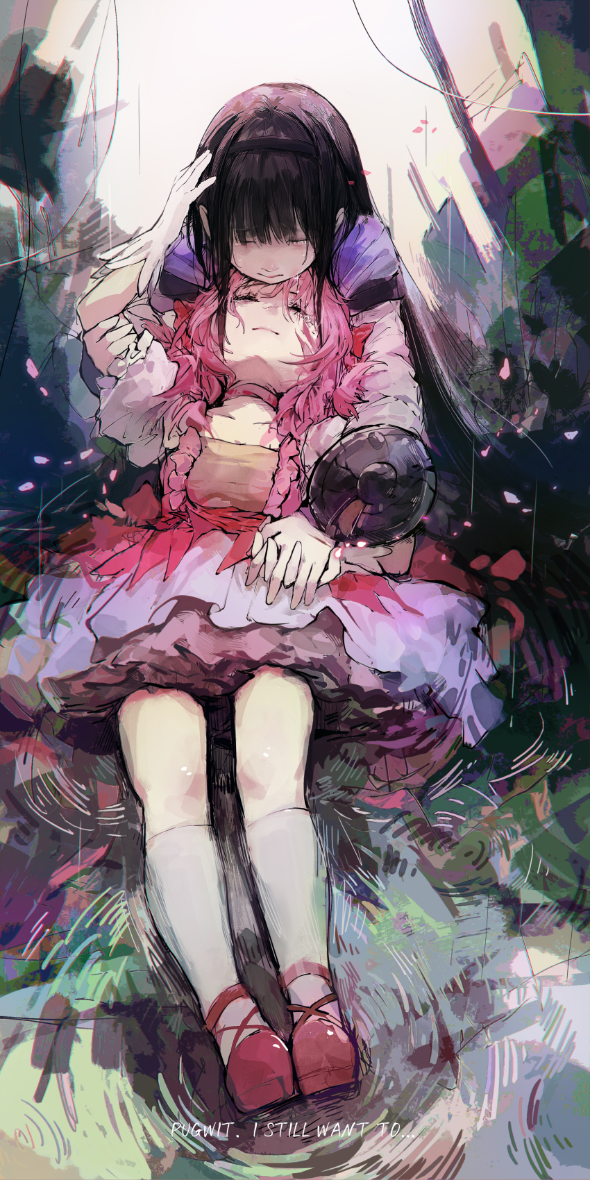 2girls absurdres akemi_homura akemi_homura_(magical_girl) black_hair black_hairband bow capelet center_frills choker closed_eyes collarbone commentary cross-laced_shoes crying day dress dying english_commentary english_text frilled_skirt frilled_sleeves frills full_body gloves hair_bow hair_intakes hairband hand_on_another&#039;s_head head_on_another&#039;s_chest highres holding_hands interlocked_fingers kaname_madoka kaname_madoka_(magical_girl) kneeling knees light_smile long_hair long_sleeves magical_girl mahou_shoujo_madoka_magica mahou_shoujo_madoka_magica_(anime) mary_janes medium_hair miniskirt multiple_girls outdoors petticoat pink_choker pink_dress pink_hair puffy_short_sleeves puffy_sleeves pugwit purple_capelet red_bow red_shoes ripples ruins sad shield shoes short_dress short_sleeves short_twintails sidelocks skirt skirt_under_dress socks square_neckline straight_hair tears title twintails very_long_hair waist_bow white_dress white_gloves white_skirt white_sleeves white_socks yuri