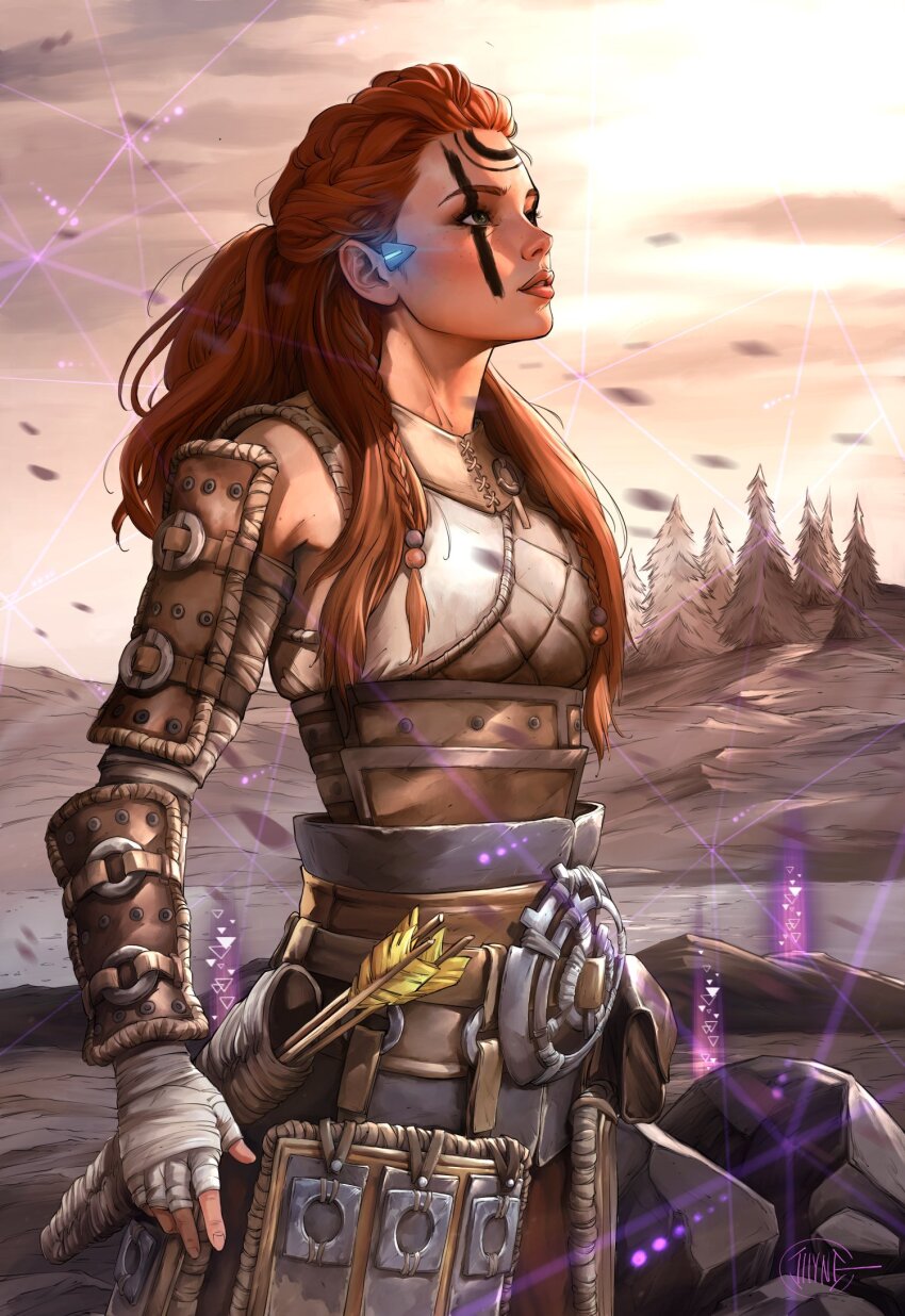 1girl aloy_(horizon) armor arrow_(projectile) bandaged_hand bandages day highres horizon_(video_game) horizon_zero_dawn illyne_cosplay long_hair orange_hair outdoors pine_tree quiver solo tree