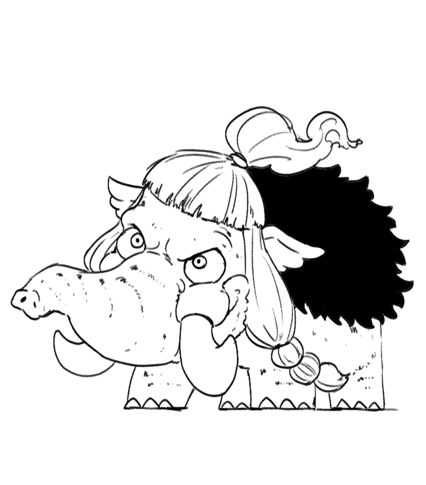 animal_focus animalization blacknirrow blunt_bangs braid chibi constricted_pupils full_body greyscale hair_tie head_tilt highres jack_(one_piece) long_hair mammoth monochrome multi-tied_hair no_humans one_piece sidelocks simple_background sketch solo standing topknot trunk tusks twin_braids twintails white_background