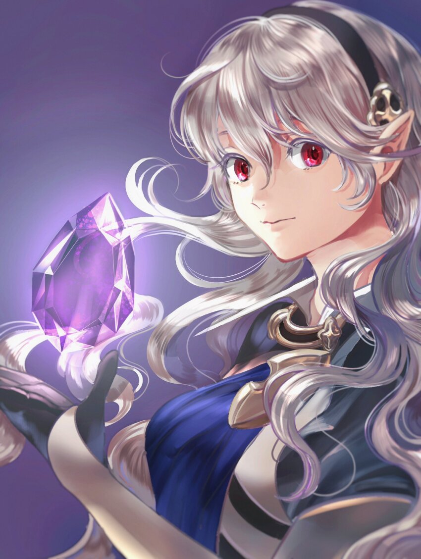 1girl bavaa black_hairband breasts female_corrin_(fire_emblem) fire_emblem fire_emblem_fates gloves grey_hair hair_between_eyes hairband highres long_hair looking_at_viewer nintendo pointy_ears red_eyes smile solo