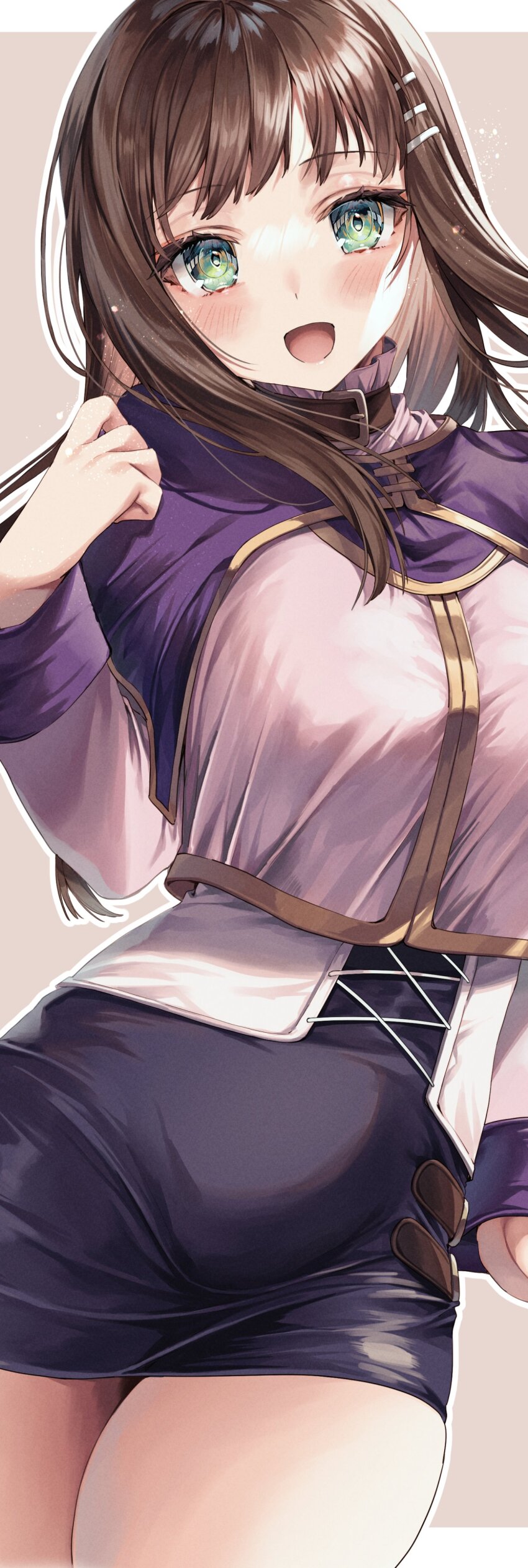1girl absurdres blush breasts brown_hair green_eyes hair_ornament hairclip highres hime_gyo long_hair looking_at_viewer open_mouth pencil_skirt skirt smile solo sophia_esteed star_ocean star_ocean_till_the_end_of_time tight_clothes