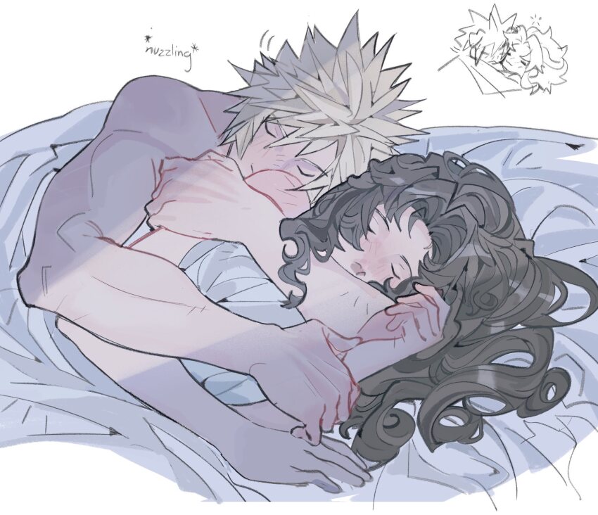 1boy 1girl aerith_gainsborough bed_sheet blonde_hair brown_hair chibi chibi_inset closed_eyes cloud_strife couple cuddling curly_hair final_fantasy final_fantasy_vii hair_between_eyes hetero highres hug hug_from_behind long_hair mmmckayyy parted_bangs short_hair sidelocks spiked_hair toned toned_male topless_male under_covers upper_body white_background