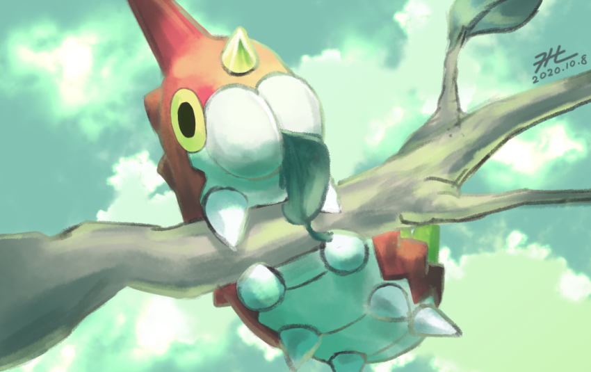 branch commentary_request dated eating gen_3_pokemon leaf nintendo no_humans null_suke one-hour_drawing_challenge pokemon pokemon_(creature) signature spikes wurmple