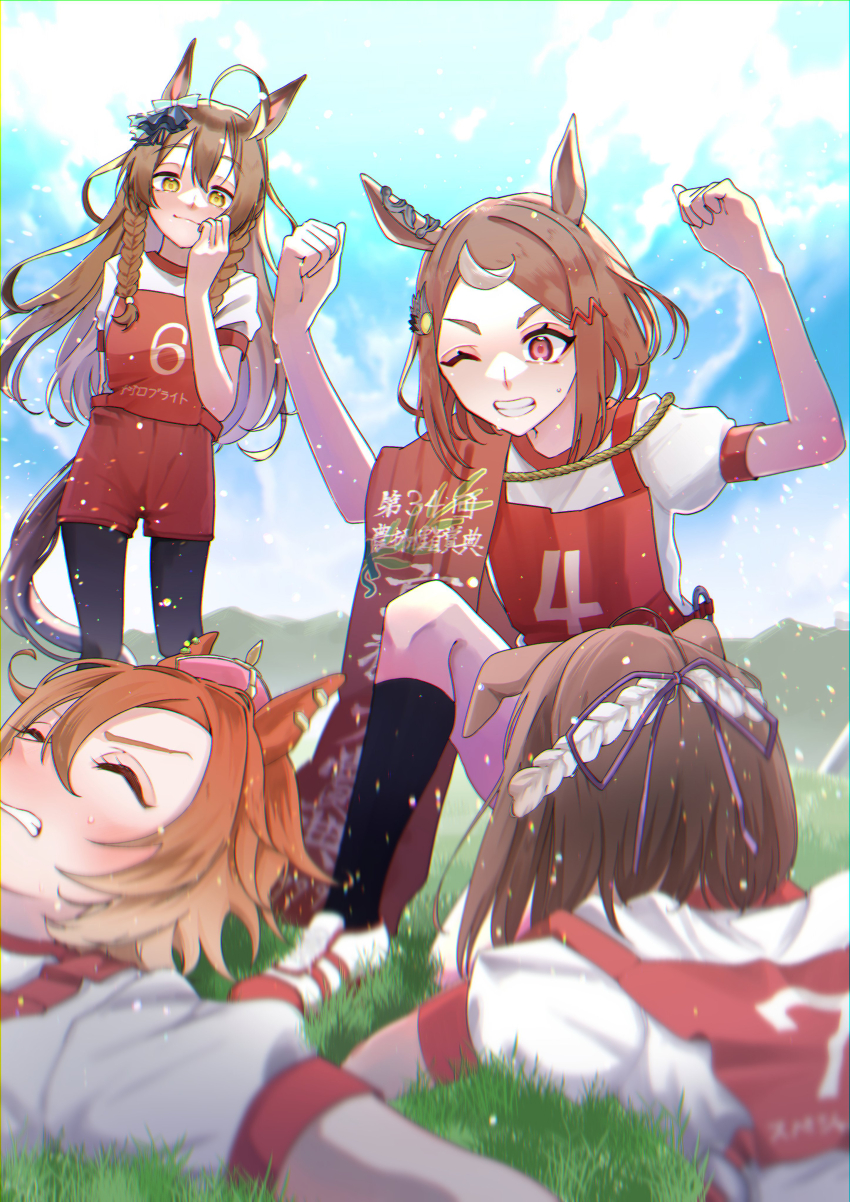 4girls ;) absurdres ahoge animal_ears black_pantyhose bow braid brown_hair closed_eyes crown green_bow gym_shirt gym_shorts gym_uniform hair_ornament hair_ribbon hairclip highres horse_ears horse_girl horse_tail long_hair looking_at_another mejiro_bright_(umamusume) mini_crown multicolored_hair multiple_girls one_eye_closed orange_hair original_race_uniform_(umamusume) pantyhose purple_eyes purple_ribbon race_bib red_eyes red_shorts ribbon shirt short_hair shorts smile special_week_(umamusume) streaked_hair striped_bow t-shirt t.m._opera_o_(umamusume) tail tomboy tsukasa_(avdx5538) tsurumaru_tsuyoshi_(umamusume) twin_braids two-tone_hair umamusume wavy_hair white_bow white_hair white_shirt yellow_eyes