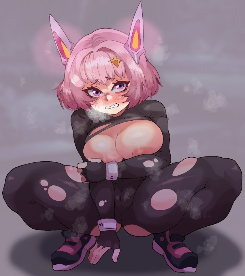 areola_slip blush breasts clenched_teeth goddess_of_victory:_nikke hair_ornament nervous noah_(nikke) pink_eyes pink_hair shoes short_hair simple_background skin_tight skullminiac squatting steam steaming_body sweat teeth torn_clothes