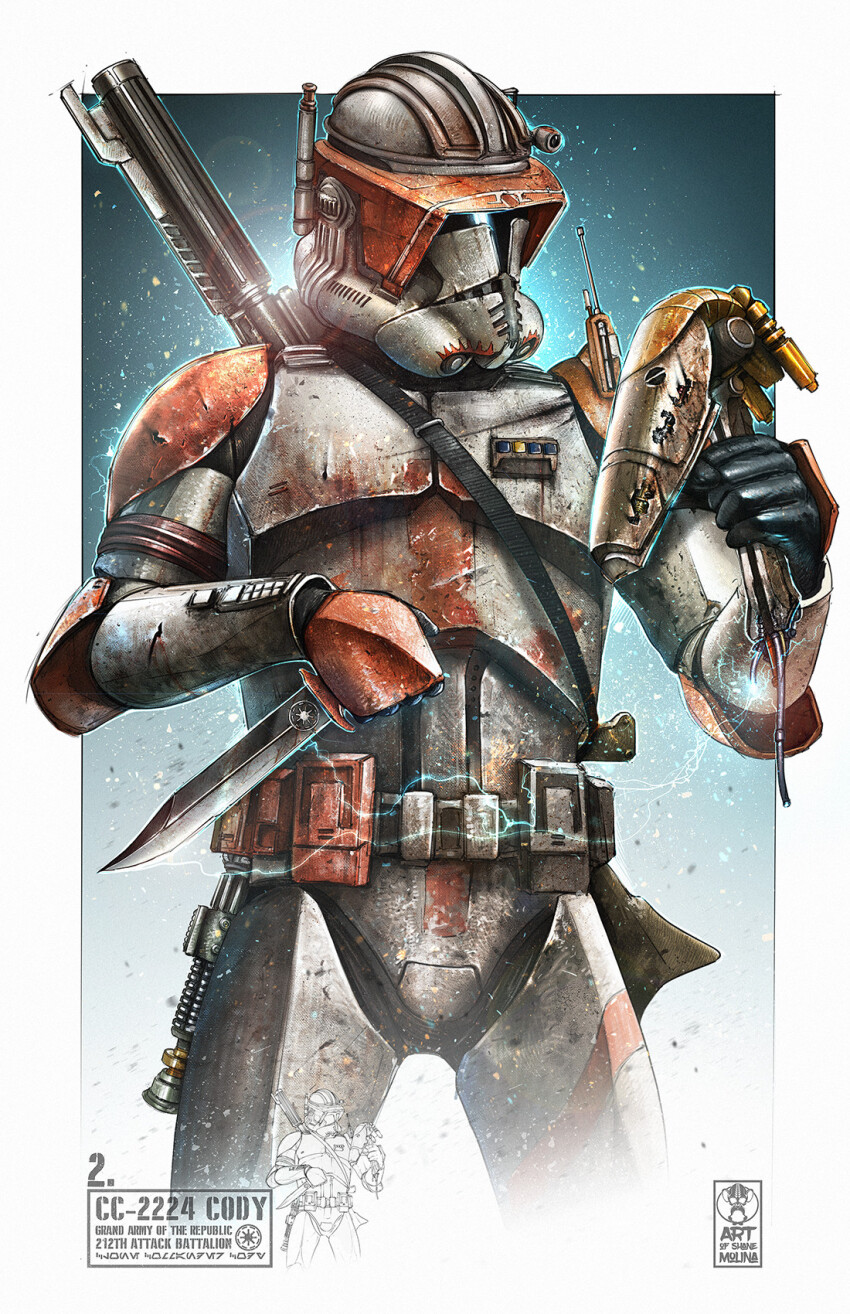 1boy artist_logo b1_battle_droid clone_trooper commander_cody electricity english_text gun highres holding holding_detached_head holding_knife knife logo male-focus male_focus robot severed_head shanemolina solo star_wars star_wars:_revenge_of_the_sith weapon weapon_on_back wire