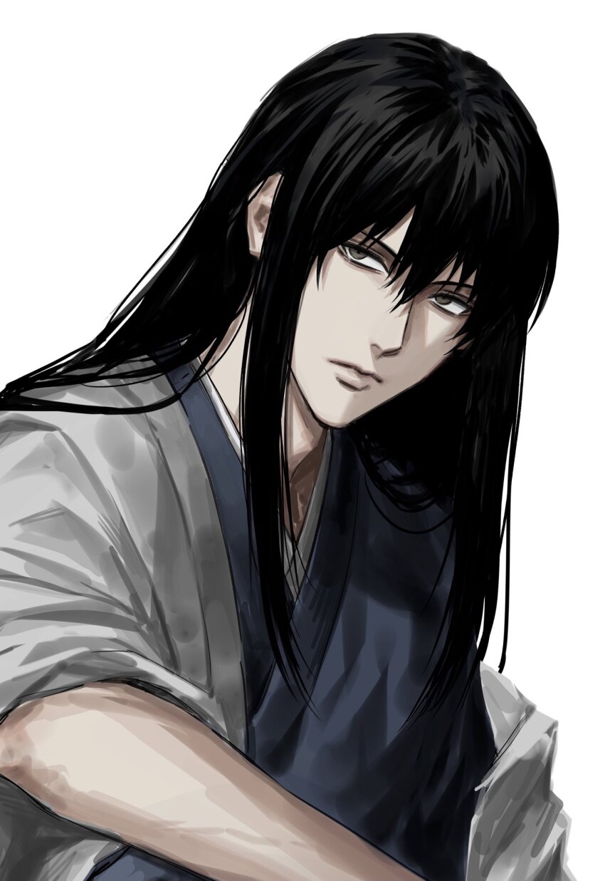1boy black_hair blue_kimono closed_mouth gintama grey_eyes grey_haori hair_between_eyes haori highres japanese_clothes katsura_kotarou kimono long_hair looking_at_viewer male_focus solo sso_s straight_hair upper_body white_background