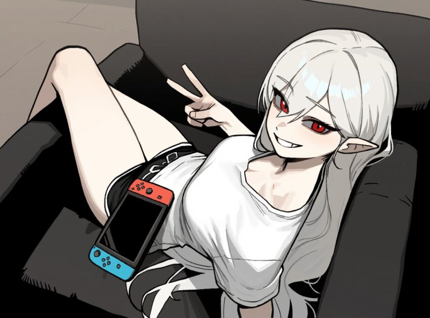 1girl black_shorts breasts character_request commentary dolphin looking_at_viewer nintendo_switch on_chair original parted_lips pointy_ears red_eyes rusellunt shirt shorts sitting smile solo t-shirt v vampire white_hair white_shirt