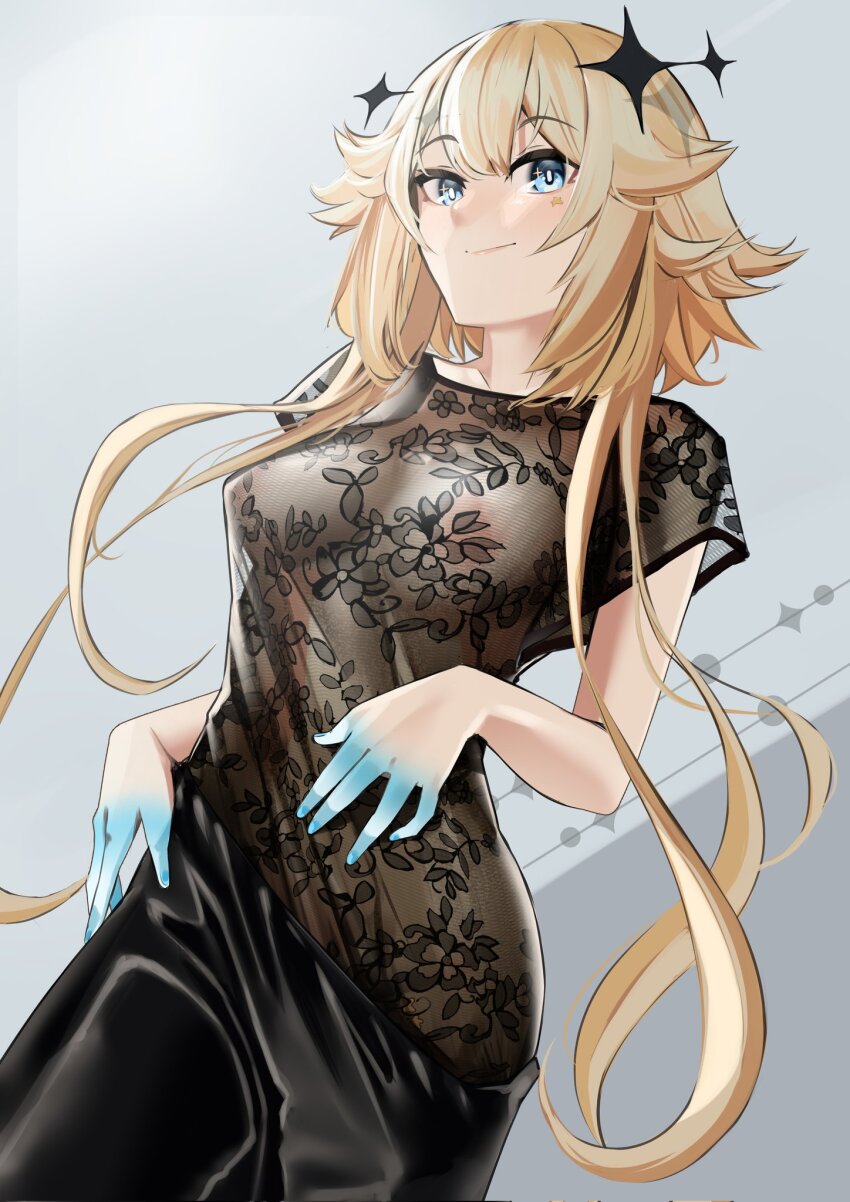 1girl alternate_costume areola_slip bare_arms black_shirt black_skirt blonde_hair blue_eyes breasts bright_pupils closed_mouth commentary covered_erect_nipples english_commentary halo highres kaneko_lumi lace_shirt long_hair looking_at_viewer made_in_2024 medium_breasts phase_connect pupi_(rain_prophet) see-through_clothes shirt short_sleeves skirt smile solo star_(symbol) star_in_eye star_sticker sticker_on_face symbol_in_eye very_long_hair virtual_youtuber white_pupils