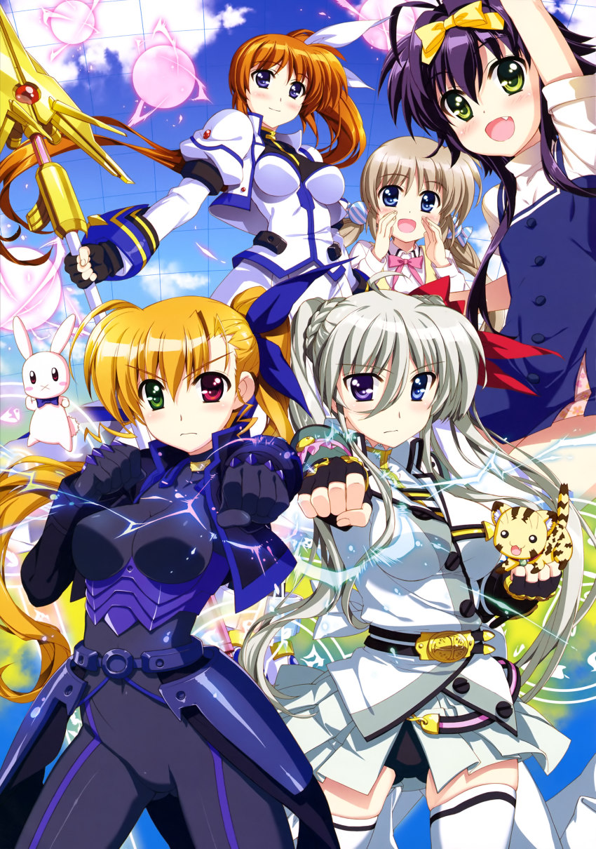 00s 10s 5girls absurdres arm_up armor asteion black_panties blonde_hair blue_eyes blush bodysuit breasts brown_hair cat closed_mouth corona_timir einhard_stratos energy_ball fang faulds fingerless_gloves fujima_takuya gloves gluteal_fold green_eyes green_hair hair_ribbon heterochromia highres jacket large_breasts light_brown_hair long_hair long_sleeves lyrical_nanoha magical_girl mahou_shoujo_lyrical_nanoha_strikers mahou_shoujo_lyrical_nanoha_vivid multiple_girls official_art open_mouth panties purple_eyes purple_hair rabbit raising_heart raising_heart_(exceed_mode) red_eyes ribbon rio_wezley sacred_heart side_ponytail skin_tight skirt smile stuffed_animal stuffed_rabbit stuffed_toy takamachi_nanoha takamachi_nanoha_(exceed_mode) thighhighs twintails underwear vivio yellow_eyes