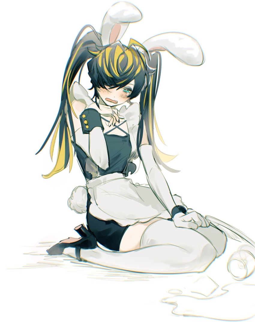 1boy absurdres aimono_jyushi androgynous animal_ears apron aqua_eyes argentum_1121 black_dress black_hair black_nails black_wrist_cuffs blonde_streaks blush crossdressing crossdressing_(mtf) detached_sleeves dress elbow_gloves fang frilled_apron frills gloves hair_over_one_eye high_heels highres hypnosis_mic jewelry kneeling looking_down maid male_focus male_maid rabbit_ears rabbit_tail ring single_glove spilled_drink tail tearing_up thighhighs trap twintails waist_apron white_apron white_gloves white_thighhighs wrist_cuffs