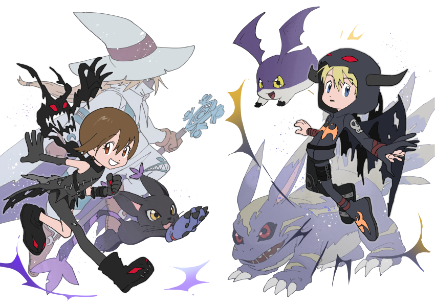 1girl absurdres blacktailmon blonde_hair blue_eyes brown_eyes brown_hair child cosplay digimon digimon_(creature) digimon_adventure elecmon_(violet) gloves halloween highres hood hoodie looking_at_viewer open_mouth patamon short_hair simple_background smile sorcerimon takaishi_takeru tantanmen tukaimon white_background yagami_hikari