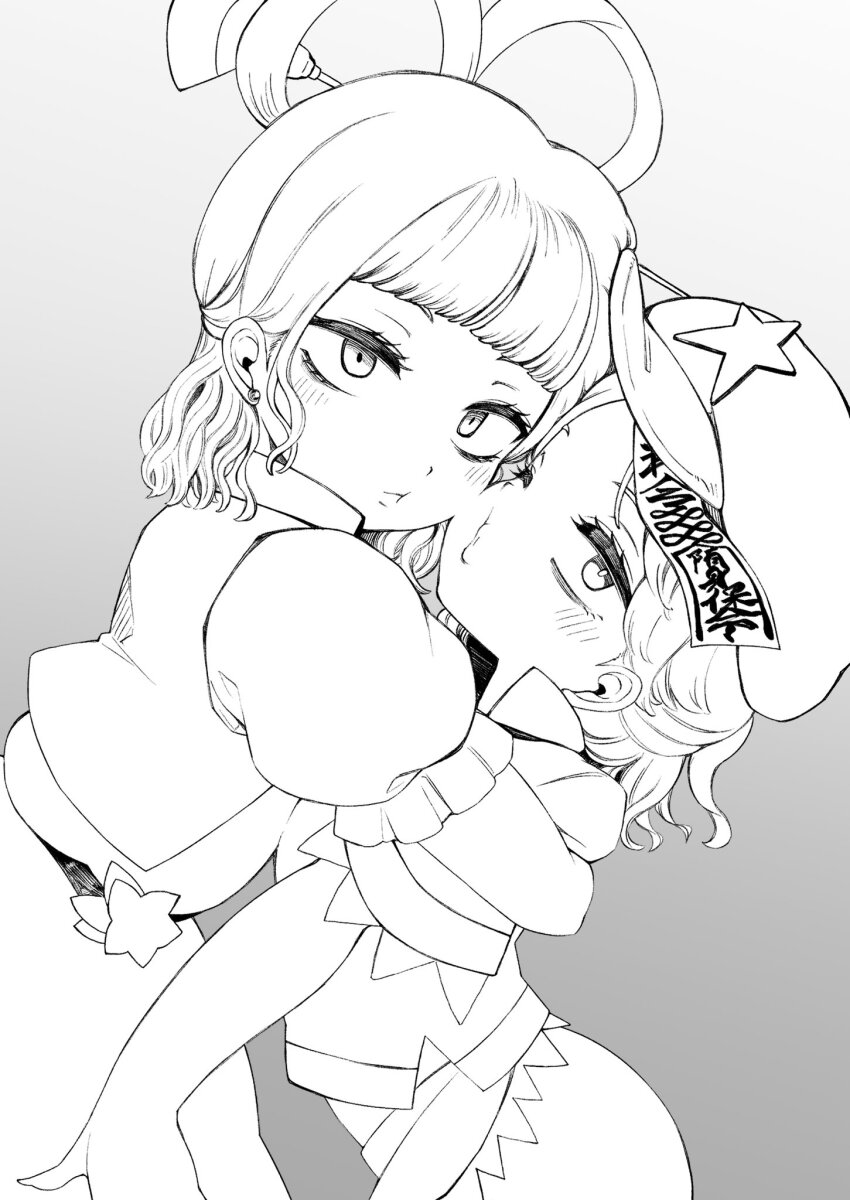 2girls belt newsboy_cap closed_mouth commentary_request cowboy_shot dress expressionless gradient_background greyscale half_updo hat hat_ornament highres hug jiangshi kaku_seiga lace-trimmed_sleeves lace_trim looking_at_viewer looking_to_the_side miyako_yoshika monochrome multiple_girls ofuda one_eye_closed open_clothes open_vest shika_miso short_bangs short_hair short_sleeves skirt star_(symbol) star_hat_ornament touhou vest