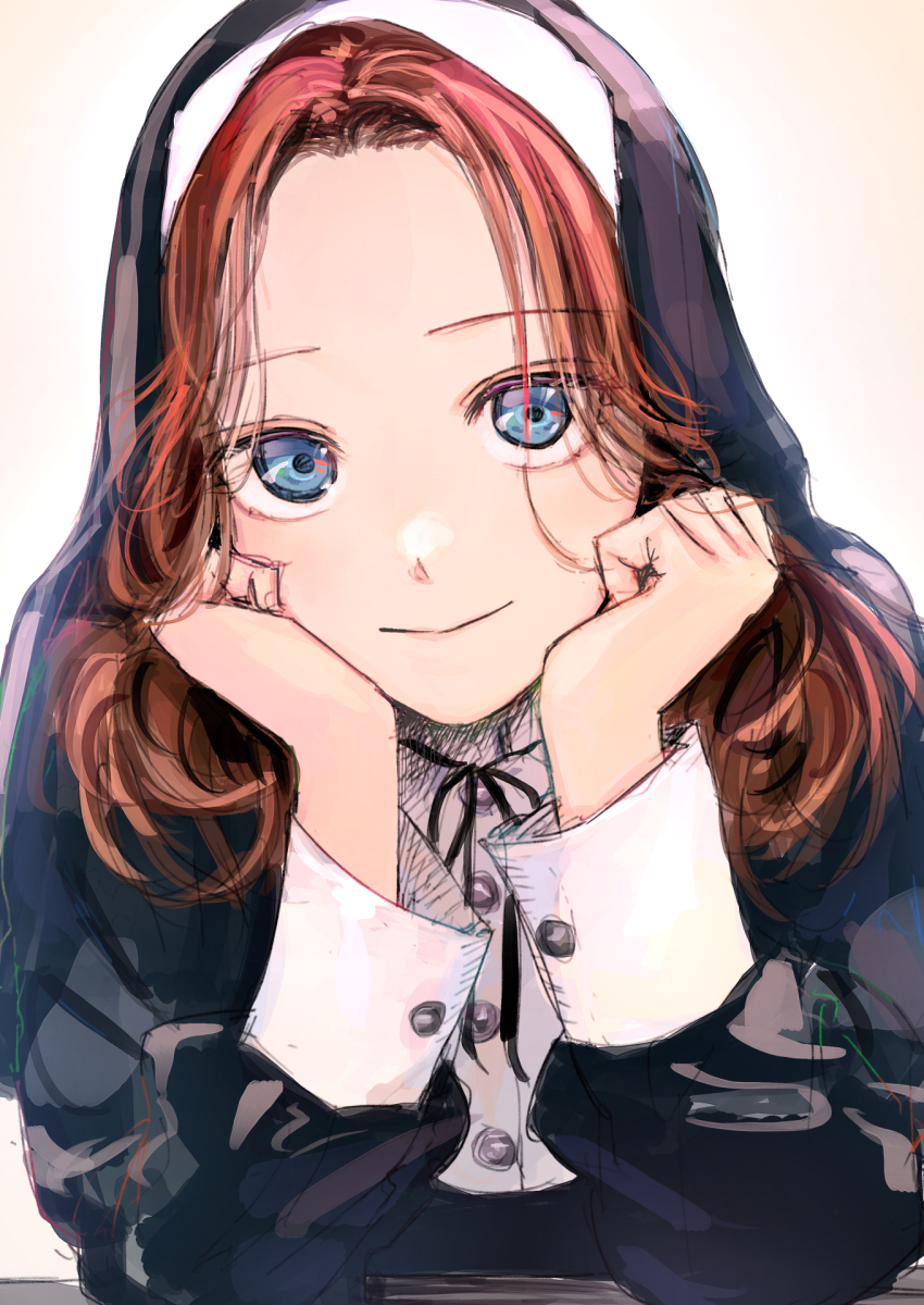1girl black_ribbon black_veil blue_eyes buttons closed_mouth coif hands_on_own_cheeks hands_on_own_face highres long_hair long_sleeves looking_at_viewer neck_ribbon nun original red_hair ribbon simple_background sleeve_cuffs smile solo torii_yoshitsuna traditional_nun veil white_background white_sleeve_cuffs