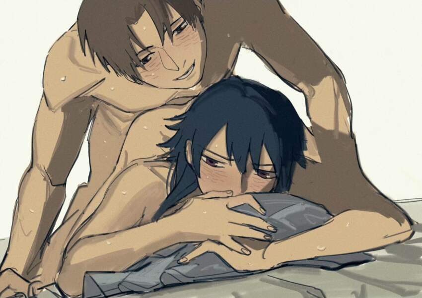 1boy 1girl bare_shoulders black_hair blush bottomless brown_eyes brown_hair completely_nude copyright_request couple doggystyle doya fabric floor fusaishi_haruaki hetero highres looking_at_another nose nude raging_loop serizawa_chiemi sex sex_from_behind shirt short_hair smile sweat teeth third-party_edit top-down_bottom-up white_background