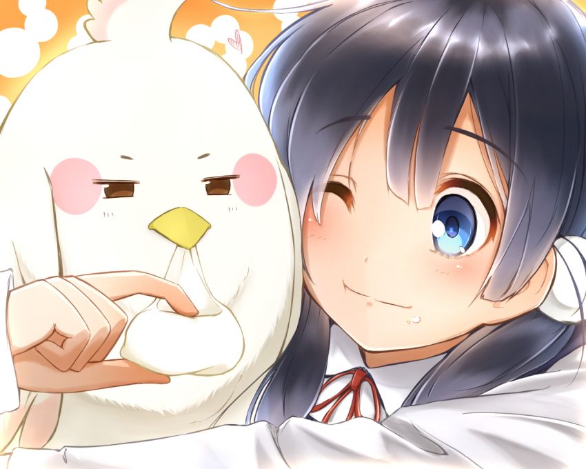 10s 1girl bird black_hair blue_eyes blush blush_stickers cheek-to-cheek closed_mouth dera_mochimazzui eating food food_on_face heads_together heart holding holding_food kitashirakawa_tamako long_hair looking_at_viewer low_twintails minamito mochi neck_ribbon one_eye_closed orange_background outstretched_arm red_ribbon ribbon school_uniform simple_background tamako_market twintails wagashi white_background