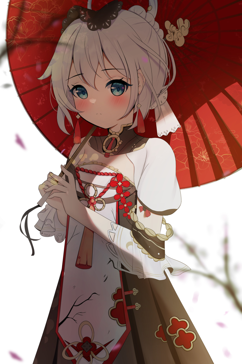 1girl absurdres black_dress blue_eyes blurry blurry_foreground blush branch closed_mouth depth_of_field dress floral_print grey_hair hair_between_eyes highres holding holding_umbrella honkai_(series) honkai_impact_3rd knosdeba looking_at_viewer oil-paper_umbrella petals print_umbrella red_umbrella short_sleeves simple_background solo theresa_apocalypse umbrella white_background zhuge_kongming_(herald_of_spring)_(honkai_impact) zhuge_kongming_(honkai_impact)
