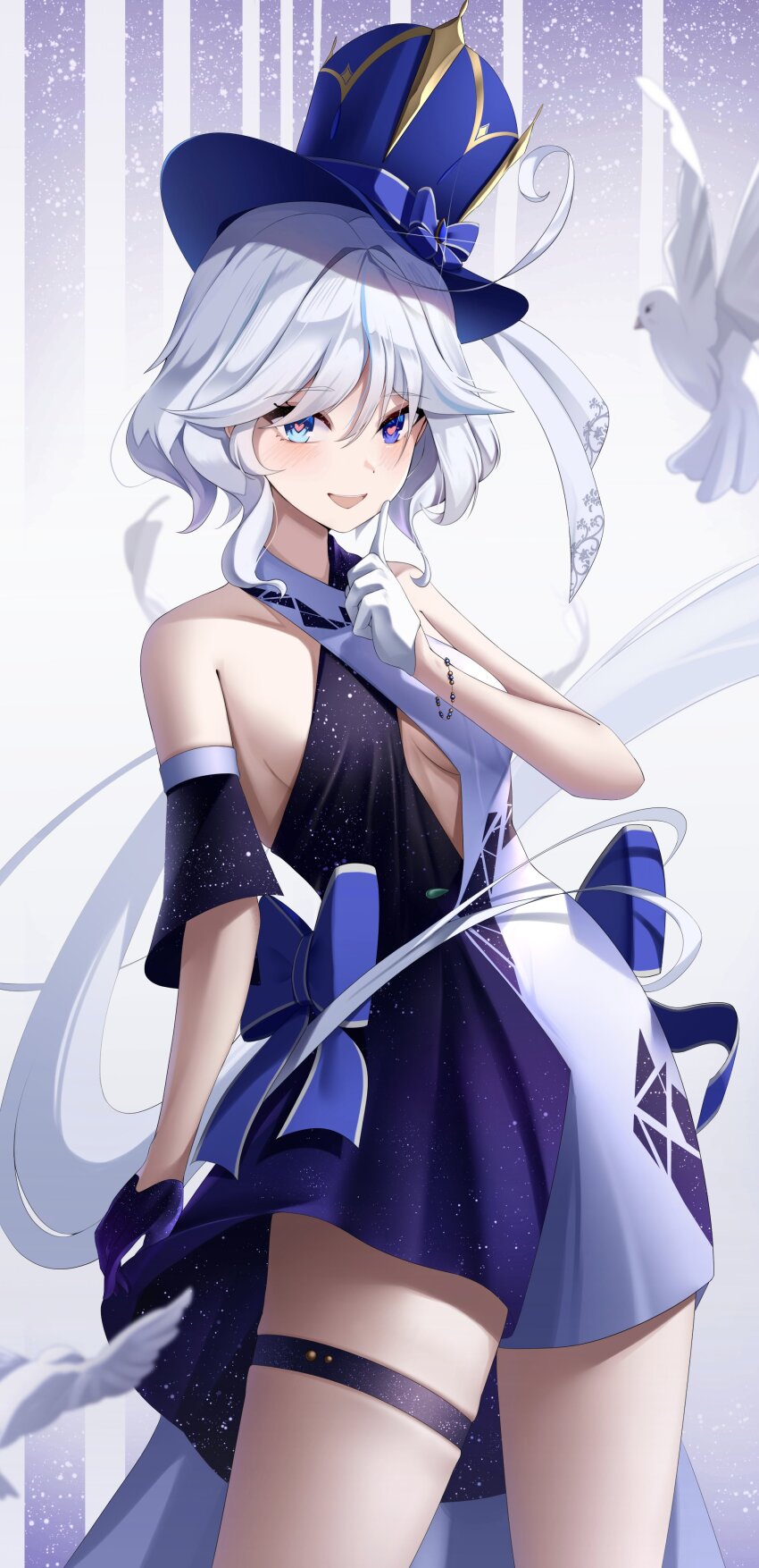 1girl :d absurdres alternate_costume asymmetrical_gloves bare_shoulders black_dress blue_bow blue_dress blue_eyes blue_gloves blue_hair blue_hat blue_ribbon blush bow breasts clothing_cutout cowboy_shot dress from_side furina_(genshin_impact) genshin_impact gloves hair_between_eyes hand_up hashtag-only_commentary hat hat_bow hat_ribbon heart heart-shaped_pupils heterochromia highres light_blue_hair looking_at_viewer mismatched_gloves multicolored_dress multicolored_hair open_mouth ribbon simple_bird sleeveless sleeveless_dress small_breasts smile solo streaked_hair symbol-shaped_pupils teeth thigh_strap upper_teeth_only white_dress white_gloves white_hair winterlime12