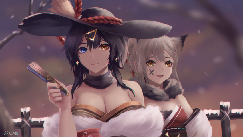 2girls animal_ears artist_name azur_lane bare_shoulders black_hair black_headwear blue_eyes breasts brown_eyes cleavage folded_fan commentary earrings english_commentary facial_mark folding_fan fur-trimmed_kimono fur_scarf fur_trim georgia_(azur_lane) georgia_(exalted_vibrance)_(azur_lane) grey_hair hand_fan hat heterochromia highres holding holding_fan japanese_clothes jewelry karkovb152 kimono large_breasts mixed-language_commentary multiple_girls new_year official_alternate_costume snow suzutsuki_(azur_lane) suzutsuki_(suzutsuki_hanetsuki_adept!)_(azur_lane) upper_body