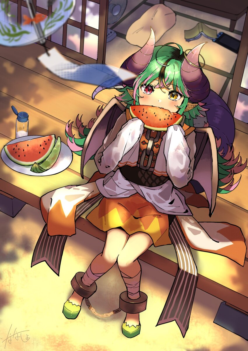 1girl ahoge bandaged_leg bandages belt black_belt black_hair black_horns black_wings commentary_request cuffs day dress food fruit green_hair green_shoes heterochromia highres holding holding_food holding_fruit horn_ornament horn_ring horns jacket long_hair long_sleeves marchenz nanahoshi_fantasia nanasho_0110 orange_dress outdoors pink_hair pointy_ears red_eyes salt salt_shaker shackles shoes sitting solo virtual_youtuber watermelon white_jacket wind_chime wings yellow_eyes