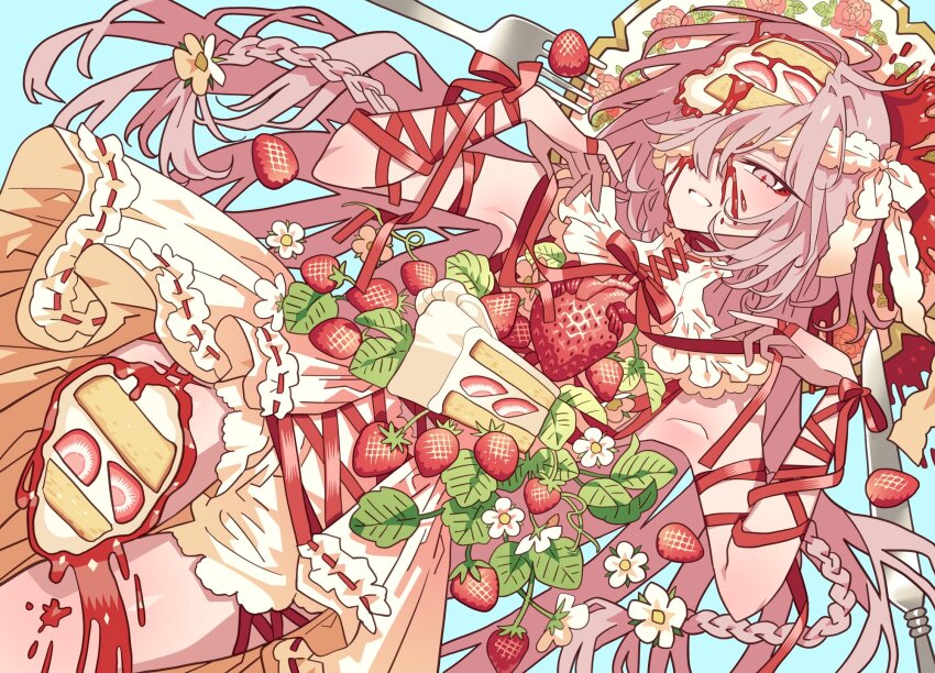 1girl bisected bleeding blood blue_background body_horror braid cake cake_slice candy_gore collar detached_collar flower food fork fruit hair_flower hair_ornament hands_up highres knife leaf long_hair looking_at_viewer lying meremero on_back original pink_eyes red_ribbon ribbon shorts sliced smile solo split_head strawberry strawberry_cake strawberry_shortcake very_long_hair white_collar white_flower white_shorts