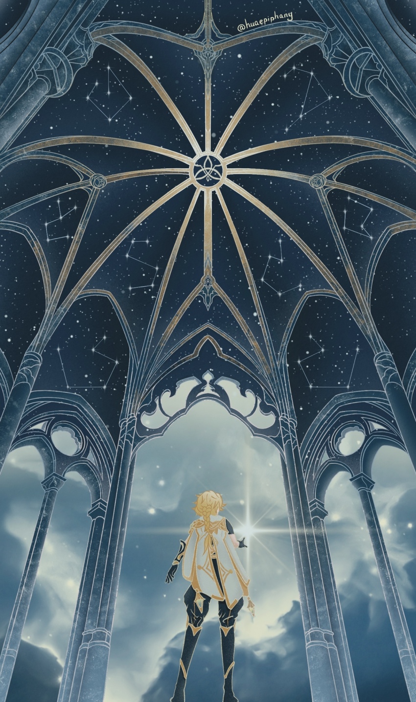 1boy aether_(genshin_impact) arch architecture arm_armor black_gloves black_pants blonde_hair blue_theme boots braid building cape cloud column commentary constellation dome english_commentary from_behind from_below full_body genshin_impact gloves gold_trim gothic_architecture high_ceiling highres huaepiphany long_hair male_focus nebula outdoors pants pillar signature single_braid sky solo standing star_(sky) starry_sky triquetra white_cape