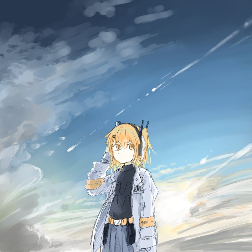 1girl a.i._voice absurdres adachi_rei belt belt_pouch black_shirt blue_sky closed_mouth cloud cloudy_sky contrail cowboy_shot dot_nose gloves gradient_sky grey_skirt hair_ribbon hand_on_own_head hand_up headlamp headset highres jacket long_sleeves looking_at_viewer open_clothes open_jacket orange_eyes orange_hair pleated_skirt pouch radio_antenna ribbon serious shirt short_eyebrows side_ponytail skirt sky solo subaru_namisaki turtleneck utau utility_belt v-shaped_eyebrows white_gloves white_jacket white_ribbon