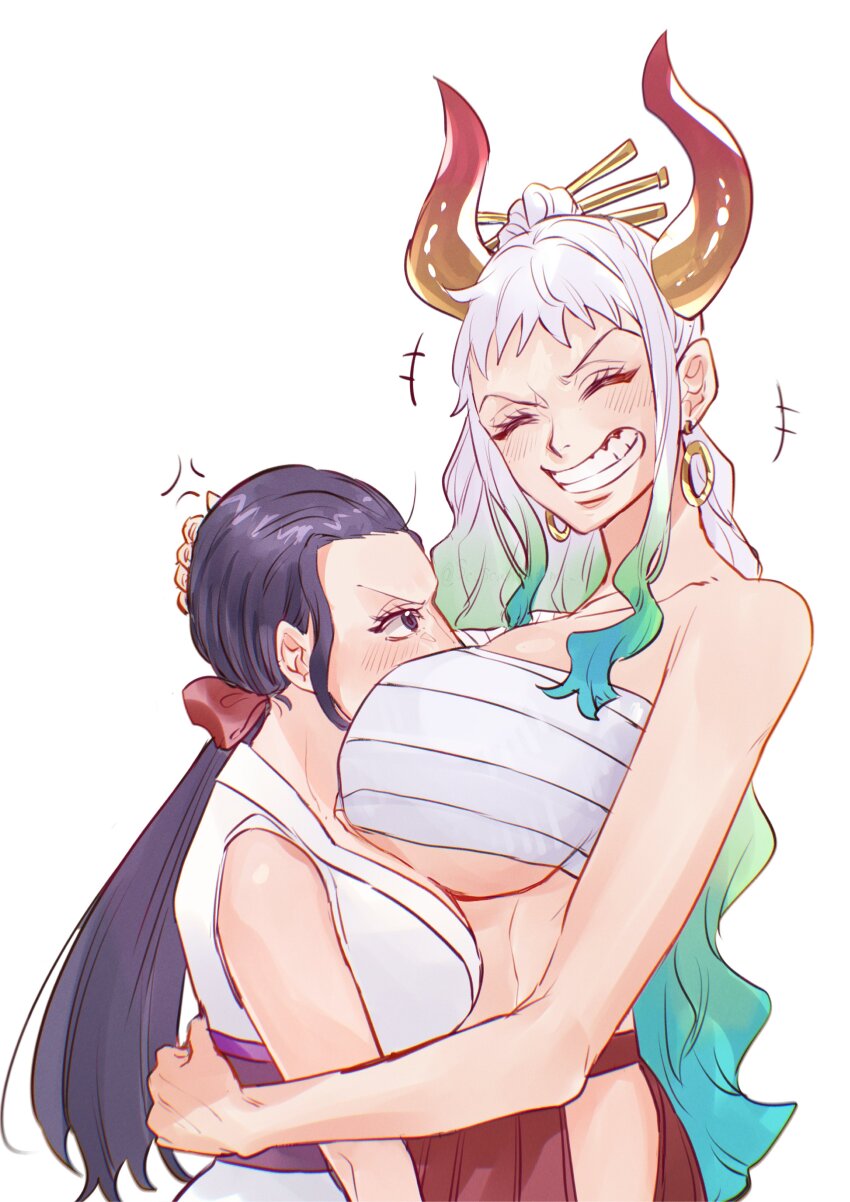 +++ 2girls absurdres alternate_breast_size anger_vein angry aqua_hair arm_around_waist bare_arms bare_shoulders between_breasts black_eyes black_hair blush bow breast_smother breasts budget_sarashi chest_sarashi closed_eyes curled_horns earrings face_to_breasts green_hair grin hair_bow hair_ornament hair_stick hakama hand_on_another&#039;s_back hand_on_another&#039;s_head head_between_breasts height_difference highres horns hug huge_breasts japanese_clothes jewelry kimono large_breasts long_hair looking_at_another low_ponytail multicolored_hair multicolored_horns multiple_girls nico_robin nico_robin_(wano) no_shirt one_piece oni ponytail red_hakama red_horns sarashi sc_scandium sleeveless sleeveless_kimono smile tall_female underboob upper_body v-shaped_eyebrows very_long_hair white_hair yamato_(one_piece) yellow_horns