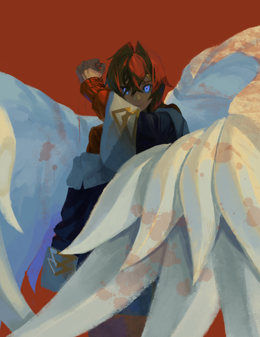 1girl absurdres ange_katrina ange_katrina_(1st_costume) angel_wings black_coat blood blood_drip blood_on_hands bloody_wings blue_eyes cardigan clenched_hand coat commentary_request crossed_bangs feathered_wings feet_out_of_frame glowing glowing_eyes hair_between_eyes hair_intakes hand_up highres long_bangs long_sleeves looking_at_viewer nijisanji off_shoulder red_background red_cardigan red_hair short_hair simple_background solo virtual_youtuber white_wings wings zxjv
