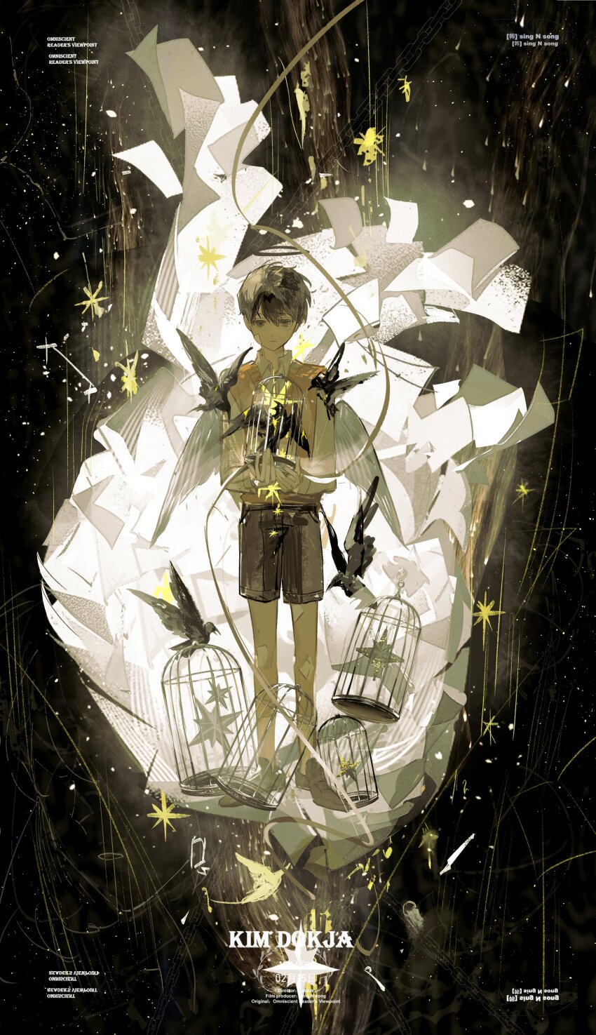 1boy absurdres animal bandage_on_face bandage_on_knee bandages bird birdcage black_eyes black_hair black_shoes book brown_vest cage chain chinese_text collared_shirt constellation english_text exhausted falling feathered_wings full_body glowing haze highres holding holding_animal holding_bird holding_ribbon lantercat looking_at_viewer low_wings male_focus meteor_shower multiple_monochrome night night_sky oldest_dream omniscient_reader&#039;s_viewpoint open_book ribbon school_uniform shirt shoes short_hair sky solo sparkle too_many too_many_birds too_many_papers vest white_shirt wings yellow_ribbon yellow_theme