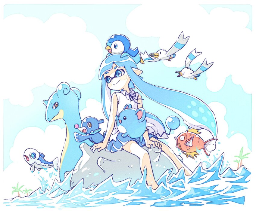 1girl arm_at_side arms_around_neck bare_arms bare_legs between_legs bird blue_eyes blue_hair blue_skirt blue_sky blue_theme border closed_mouth cloud collared_shirt color_connection crossover day flying gen_1_pokemon gen_2_pokemon gen_3_pokemon gen_4_pokemon gen_7_pokemon hand_between_legs hand_rest happy highres inkling_girl inkling_player_character lapras long_hair looking_to_the_side magikarp marill miniskirt neck_ribbon nintendo ocean on_head pale_color palm_tree partially_submerged piplup pleated_skirt pointy_ears pokemon pokemon_(creature) pokemon_on_head popplio ribbon riding riding_pokemon sen_squid shirt short_eyebrows sidesaddle sitting skirt sky sleeveless sleeveless_shirt splatoon_(series) splatoon_1 split_mouth summer swimming third-party_source tree twintails very_long_hair water watercolor_effect white_border white_shirt wind wing_collar wingull wishiwashi wishiwashi_(solo)