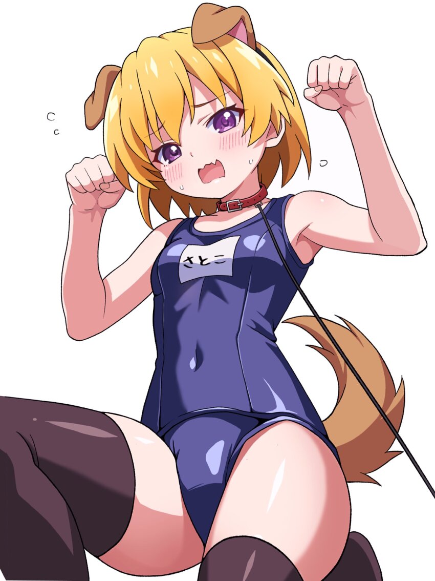 1girl animal_ears armpits blonde_hair blue_one-piece_swimsuit blush breasts brown_thighhighs collar dog_ears dog_girl dog_tail fang flying_sweatdrops hands_up highres higurashi_no_naku_koro_ni houjou_satoko kemonomimi_mode looking_at_viewer niyane one-piece_swimsuit open_mouth paw_pose purple_eyes red_collar school_swimsuit short_hair simple_background skin_fang small_breasts solo sweat swimsuit tail thighhighs white_background