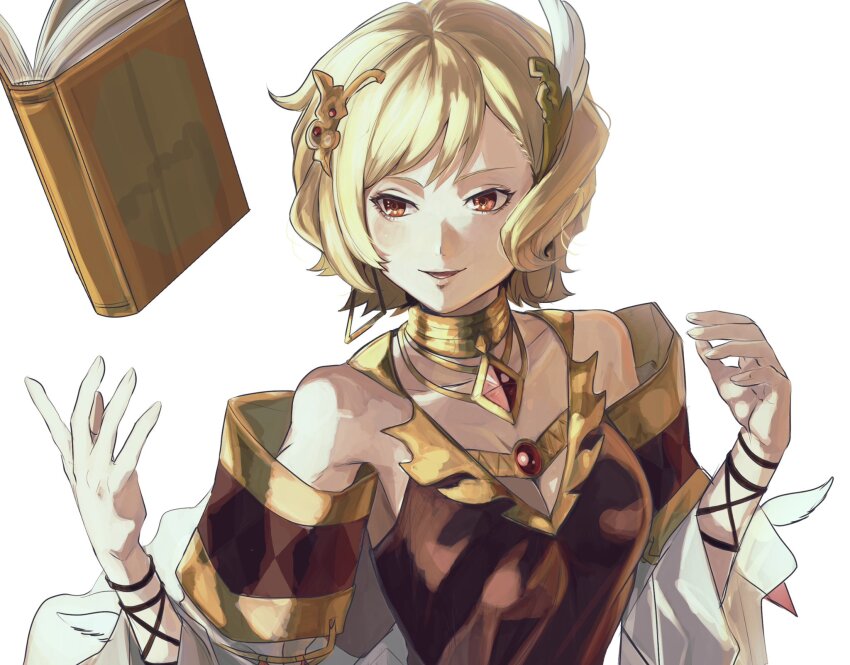 1girl blonde_hair book breasts citrinne_(fire_emblem) cleavage commentary_request feather_hair_ornament feathers fire_emblem fire_emblem_engage floating floating_book floating_object hair_ornament highres jewelry medium_breasts neck_ring nintendo open_mouth red_eyes simple_background smile solo sutekina_yari upper_body white_background