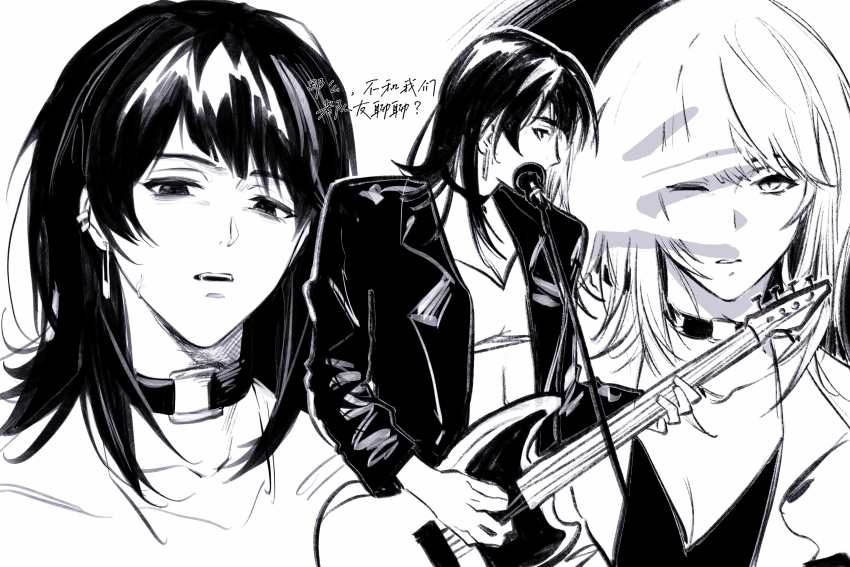1girl 5-string_bass_guitar absurdres bang_dream! bang_dream!_it&#039;s_mygo!!!!! bass_guitar chinese_commentary chinese_text choker commentary_request earrings extended_range_bass_guitar greyscale hero45439083942 highres instrument jacket jewelry medium_hair monochrome o-ring o-ring_choker open_mouth teeth translation_request upper_teeth_only yahata_umiri