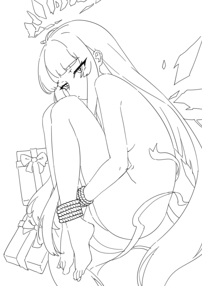 1girl absurdly_long_hair absurdres arknights barefoot bdsm blush bondage bound bound_ankles bound_wrists breasts broken_halo chinese_commentary closed_mouth commentary_request detached_wings energy_wings feet fetal_position full_body gift greyscale halo highres lineart long_hair looking_at_viewer lying monochrome nude on_bed on_side sidelocks simple_background small_breasts solo toes very_long_hair virtuosa_(arknights) white_background wings zhineng_qiu