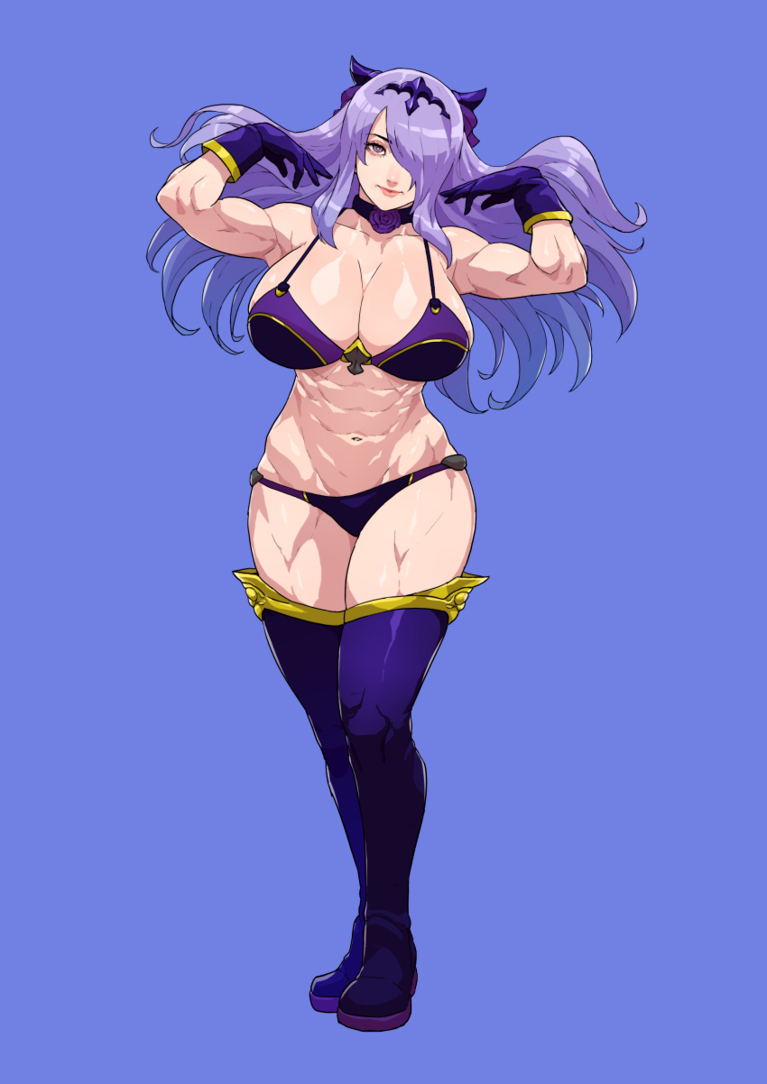 1girl @storm5958 abs absurdres bikini black_bikini blue_background boots breasts camilla_(fire_emblem) choker cirenk cleavage female_focus fire_emblem fire_emblem_fates full_body gloves hair_over_one_eye highres horns huge_breasts jake_brito leather leather_boots long_hair looking_at_viewer matching_hair/eyes misty_lee muscular muscular_female navel nintendo panties paula_tiso purple_eyes purple_hair purple_panties sawashiro_miyuki solo standing swimsuit thigh_boots thighhighs underwear underwear_only voice_actor_connection