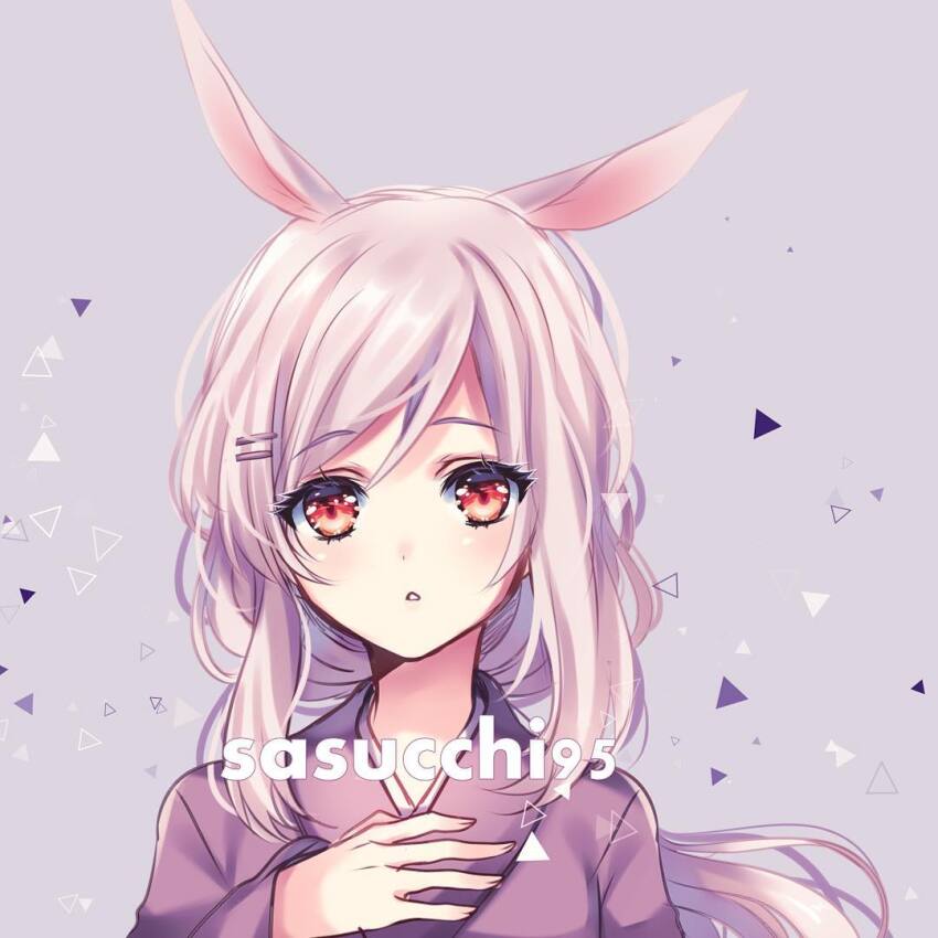 1girl aki_(sasucchi95) alternate_hairstyle animal_ears artist_name blush commentary english_commentary fingernails grey_background hair_between_eyes hair_ornament hand_on_own_chest hand_up japanese_clothes kimono long_hair long_sleeves looking_at_viewer low_ponytail original parted_lips ponytail portrait purple_kimono rabbit_ears rabbit_girl red_eyes sasucchi95 sidelocks simple_background solo straight-on swept_bangs triangle white_hair
