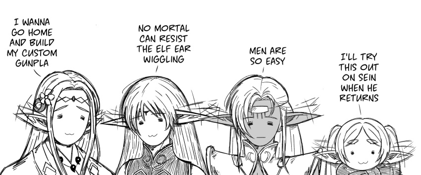 4girls :3 =_= basedlida circlet commentary crossover dark-skinned_female dark_skin deedlit ear_wiggle edomae_elf eldali_ilma_fanomenel elf english_commentary english_text flower frieren greyscale hair_flower hair_ornament highres japanese_clothes jewelry magatama magatama_necklace monochrome multiple_crossover multiple_girls necklace parody pirotess pointy_ears record_of_lodoss_war scarf shoulder_pads sousou_no_frieren species_connection thick_eyebrows