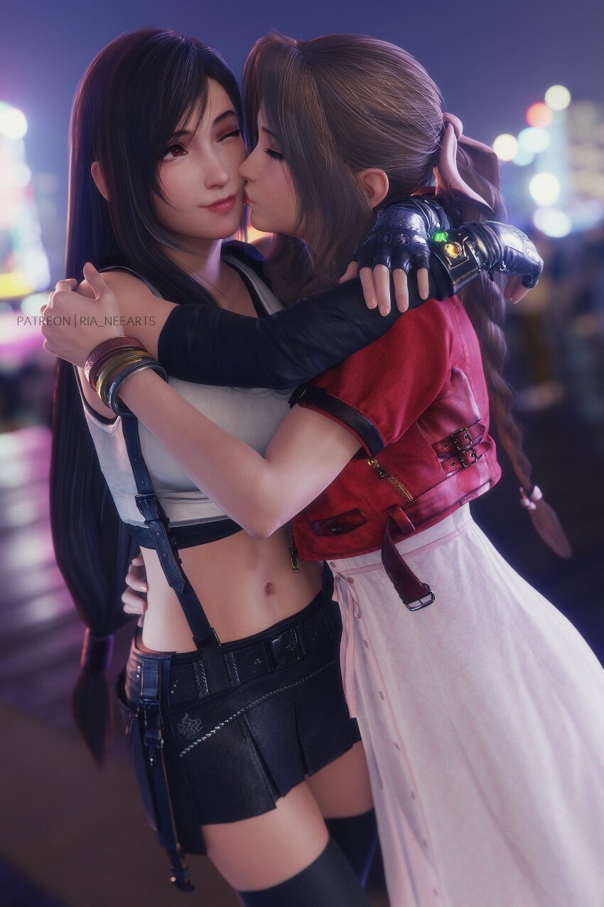 2girls 3d aerith_gainsborough arms_around_neck artist_name bare_shoulders black_gloves black_hair black_skirt black_sports_bra black_thighhighs blurry blurry_background bracelet braid braided_ponytail breasts brown_hair city_lights closed_eyes closed_mouth cowboy_shot crop_top cropped_jacket dress elbow_gloves final_fantasy final_fantasy_vii final_fantasy_vii_remake fingerless_gloves gloves hair_ribbon hand_on_another&#039;s_shoulder hand_on_another&#039;s_waist highres hug jacket jewelry kiss kissing_cheek large_breasts lips long_dress long_hair low-tied_long_hair materia midriff multiple_girls navel one_eye_closed outdoors parted_bangs pink_dress pink_ribbon red_eyes red_jacket red_lips ria-neearts ribbon short_sleeves skirt sports_bra square_enix suspender_skirt suspenders swept_bangs tank_top thighhighs tifa_lockhart very_long_hair white_tank_top yuri zettai_ryouiki