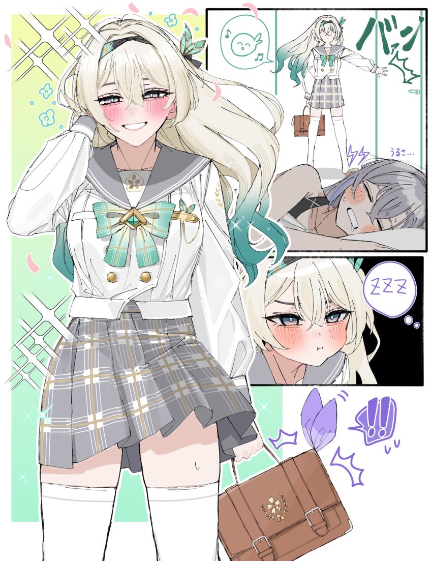 ! !! 2girls bag black_hairband black_ribbon blush bow bowtie brown_bag buttons carrot_011 collared_shirt double-breasted firefly_(honkai:_star_rail) firefly_(spring_missive)_(honkai:_star_rail) gradient_hair green_bow green_bowtie grey_hair grey_sailor_collar grey_skirt hair_between_eyes hair_intakes hair_ornament hairband hand_in_own_hair handbag highres holding holding_bag honkai:_star_rail honkai_(series) multicolored_hair multiple_girls open_mouth pleated_skirt pout ribbon sailor_collar shirt silver_wolf_(honkai:_star_rail) skirt sleeping smile sparkle sweatdrop teeth thighhighs white_shirt white_thighhighs zzz