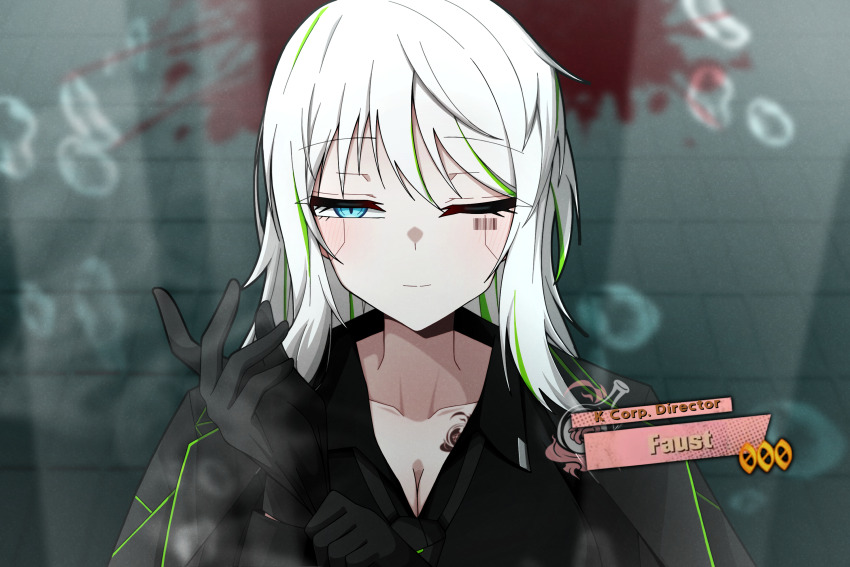 1girl alfonso_(project_moon) alternate_costume barcode barcode_tattoo black_gloves black_jacket black_shirt blue_eyes faust_(project_moon) gloves green_hair grey_hair highres jacket limbus_company long_hair looking_at_viewer manli multicolored_hair one_eye_closed project_moon shirt solo tattoo two-tone_hair