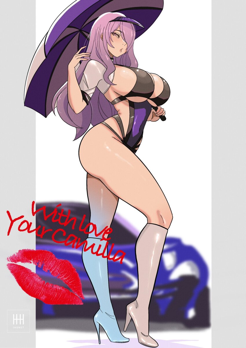 1girl :o alternate_costume black_leotard blowing_kiss boots breasts camilla_(fire_emblem) car cleavage commission fire_emblem fire_emblem_fates hair_ornament hair_over_one_eye highres holding holding_umbrella ihsnet knee_boots large_breasts legs leotard lipstick_mark_on_photo long_hair looking_at_viewer motor_vehicle nintendo purple_eyes purple_hair purple_leotard race_queen sideboob solo thighs umbrella underboob very_long_hair wavy_hair white_boots