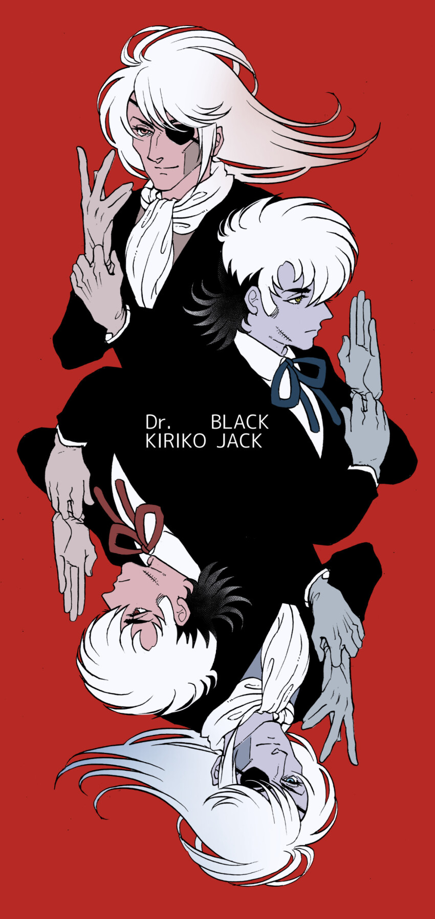 2boys absurdres ascot black_jack_(character) black_jack_(series) black_jacket blue_ribbon brown_eyes character_name cheekbones closed_mouth eyepatch formal_clothes gloves hashi84e highres jacket kiriko_(black_jack) long_hair male_focus multicolored_hair multiple_boys multiple_monochrome red_background red_ribbon ribbon short_hair simple_background stitches two-tone_hair